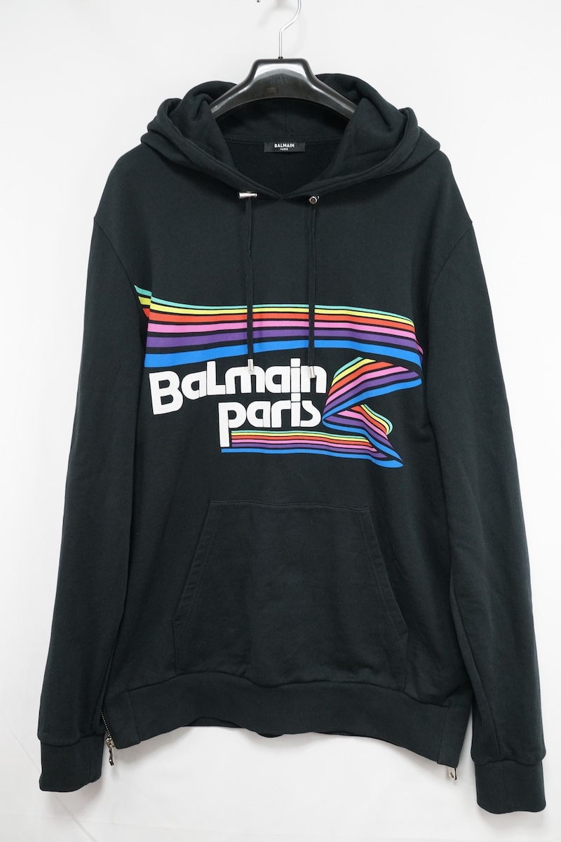 BALMAIN バルマン メンズ パーカー フーディー ロゴ レインボーラインロゴ サイドジップ Sサイズ JT000 G017拍卖