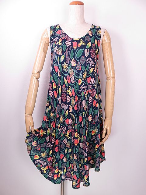 【送料無料】h.b エイチビー ノースリーブワンピース 総柄 アシンメトリー 紺 マルチカラー M拍卖