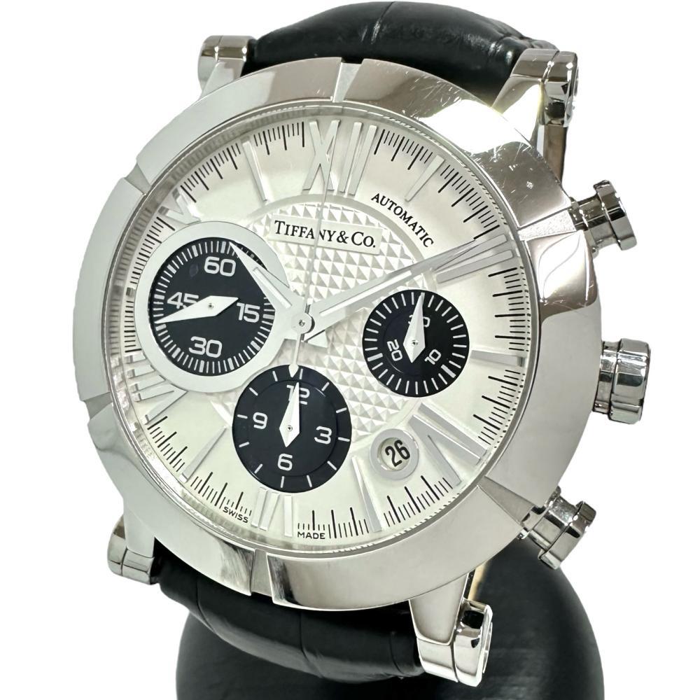 TIFFANY&Co./ティファニー Z1000.82 アトラス クロノ 腕時計 ステンレス/レザー 自動巻き シルバー黒目文字盤/黒革ベルト メンズ拍卖