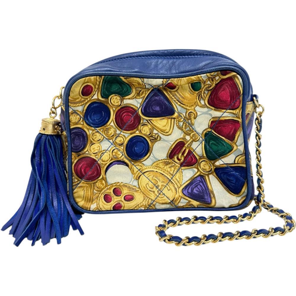 CHANEL/シャネル グリポア柄 フリンジ Sシール/保カード有 ショルダーバッグ 0番台(1980年台後半) サテン/レザー ブルーレザー拍卖