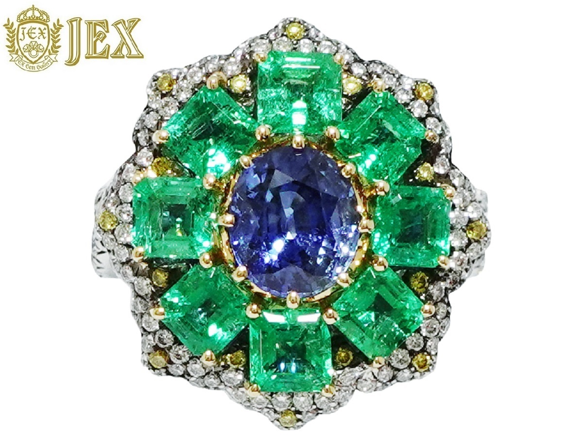 Sapphire K18WGサファイヤ エメラルド ダイヤモンドリング NO.304068-B拍卖