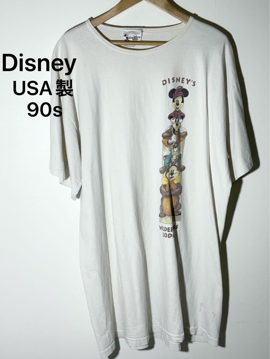 USA製 90s disney ディズニー ヴィンテージ Tシャツ ワンピース プリント Tシャツ ホワイト ミッキーマウス オフィシャル XL キャラクター拍卖