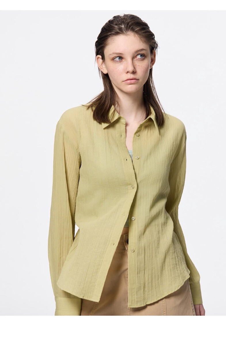 GU テクスチャーシアーシャツ woman Lサイズ イエロー 長袖シャツ 夏 羽織 レディースシャツ拍卖