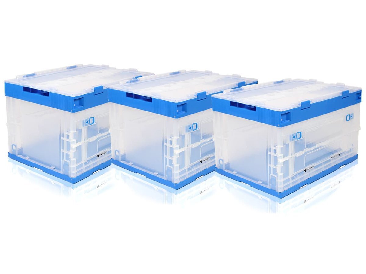 FDC0002S3 折り畳みコンテナ 50L 中窓1箇所付(長辺1) 透明&青 折りたたみコンテナ拍卖