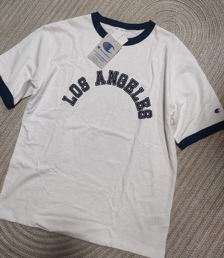 新品 未使用 Champion LOS ANGELES フロッキープリント 半袖 リンガー Tシャツ L ホワイト×ネイビー 白 紺 チャンピオン ロサンゼルス拍卖
