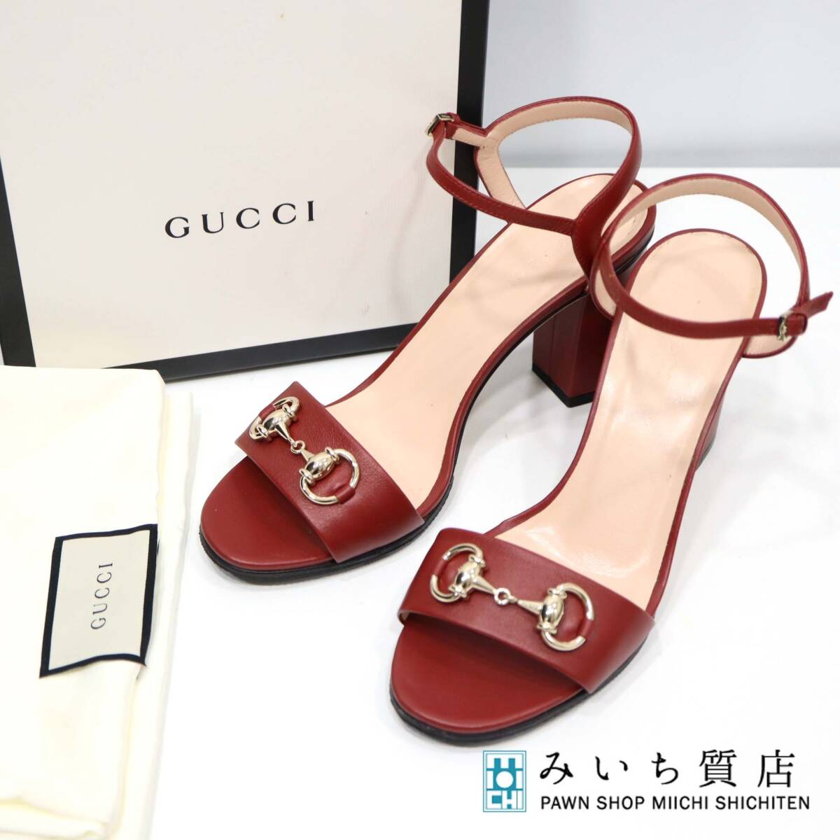 質屋 GUCCI グッチ ホースビット レザー ストラップ サンダル ミュール 赤 サイズ36 1/2 23.5cm 箱有 H8910 みいち質店拍卖