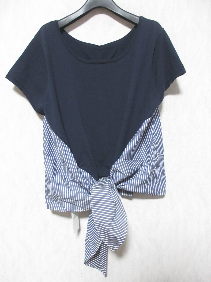 未使用 KUMIKYOKU 組曲 ストライプ 半袖 プルオーバー カットソー レディース 6 大きいサイズ ネイビー yg7235拍卖