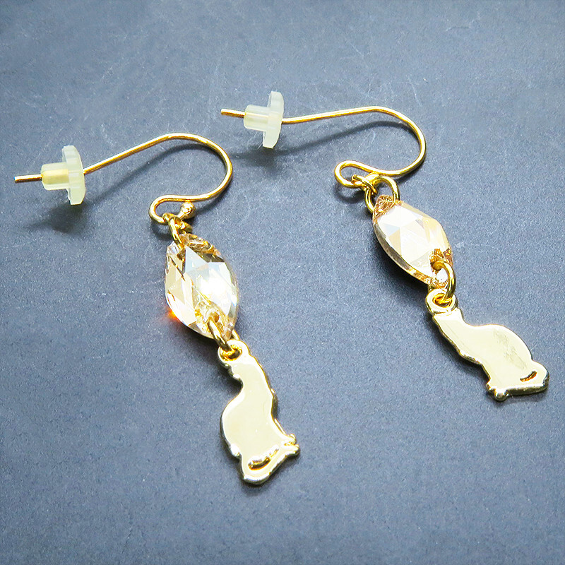 14KGF ゴールドフィルド 可愛い猫シルエットモチーフとスワロフスキー(ゴールドシャドー)のコンパクトなピアス拍卖