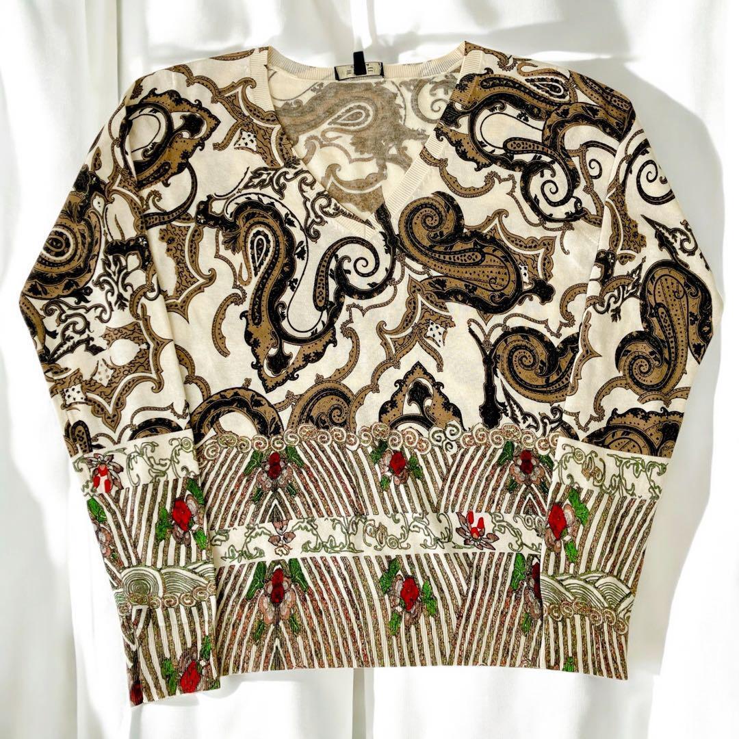 ETRO】ペイズリー柄 シルク カシミヤ ニット 長袖 vネックレス プルオーバー ベージュ系 サイズ46 大きいサイズ XXXL レディース 拍卖