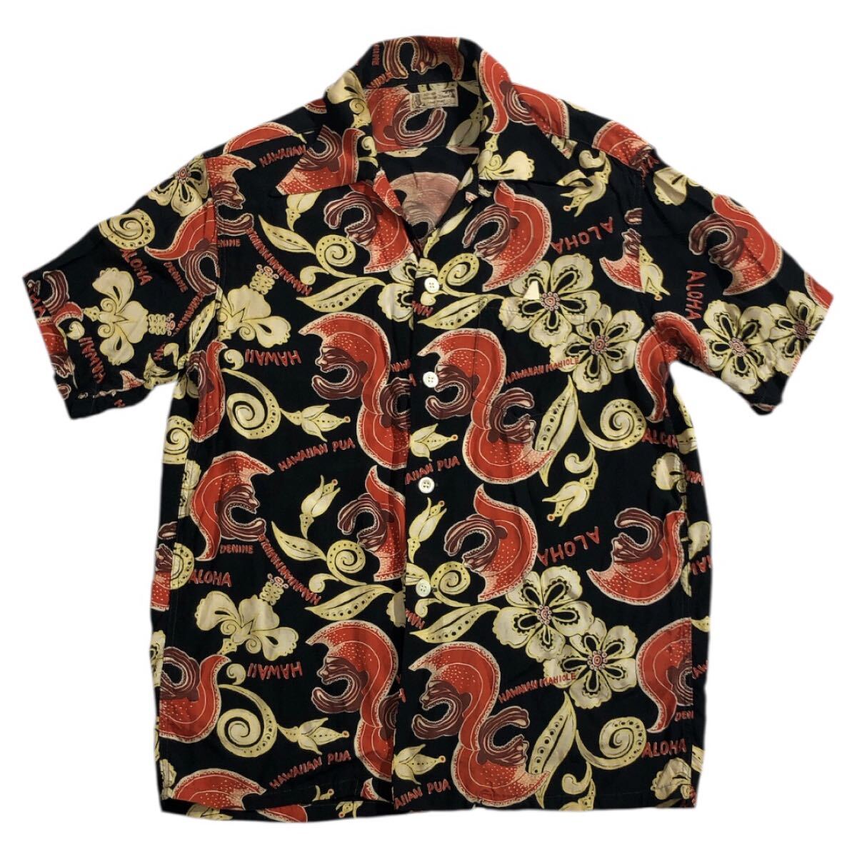 送料無料 旧オリゾンティ期 ■ DENIME ドゥニーム ■ ハワイアン戦士 マヒオレ ロゴ プリント 半袖 レーヨン アロハシャツ S拍卖