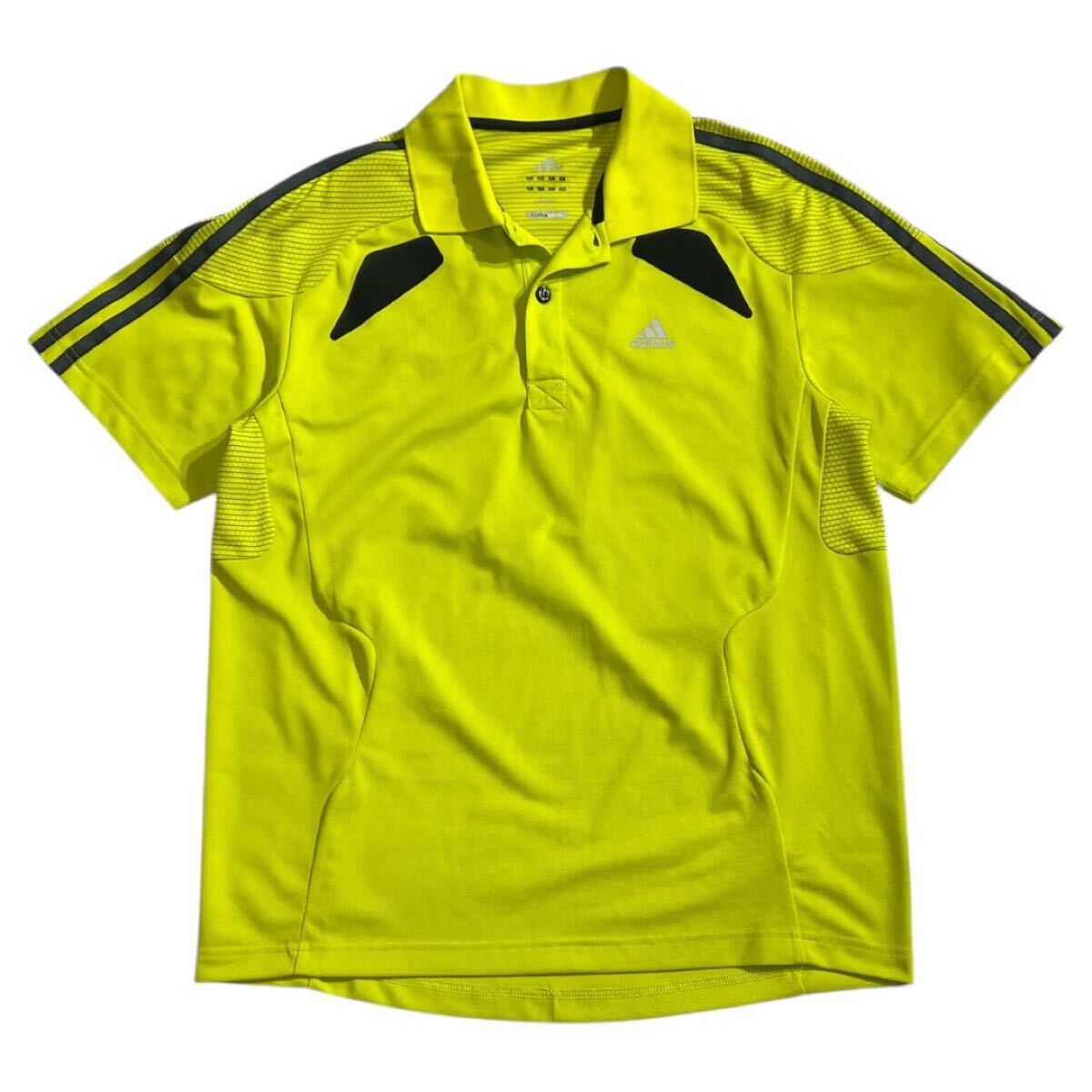 送料無料 ■ adidas アディダス ■ パフォーマンス ロゴ プリント スリーライン 吸水 速乾 半袖 ポロシャツ 蛍光イエロー L拍卖