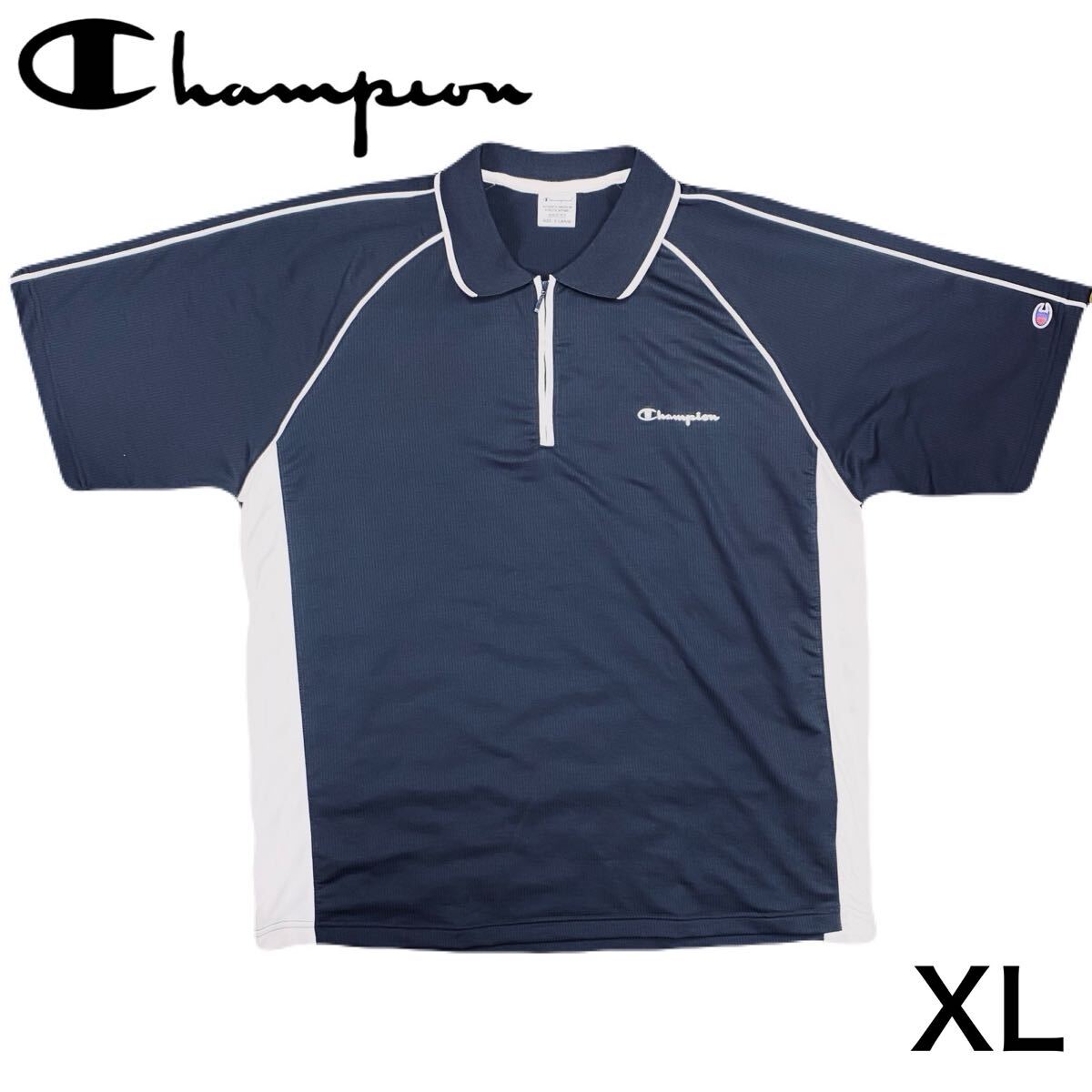 【美品】Champion【ビッグサイズ】 チャンピオン 半袖 ポロシャツ ゴルフウェア メンズ ジップアップ ブラック XL LL拍卖