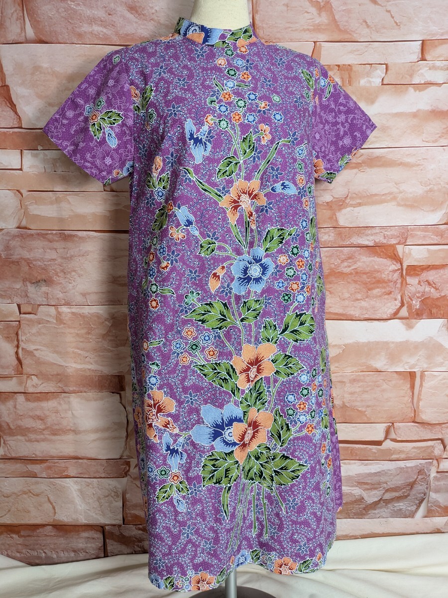 Maison de Bunga エスニック風花柄 立襟半袖ワンピース ベトナム製 sizeL拍卖