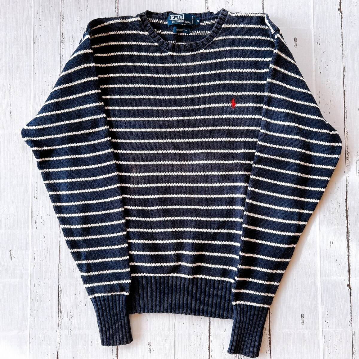 ポロ ラルフローレン コットンセーター 紺 丸首 ボーダー S トップス ニット 長袖 綿100% Polo by Ralph Lauren cotton sweater knit navy拍卖