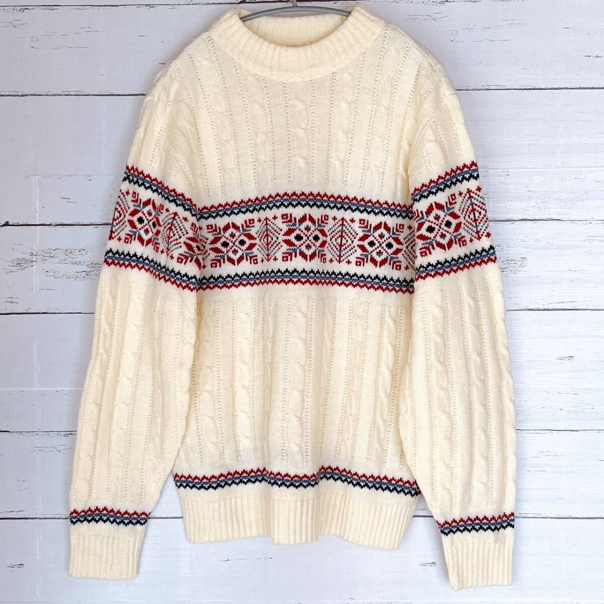 希少★70年代 ビンテージニット ジャンセン セーター ニット 白 紺 赤 ノルディック柄 長袖 M アメカジ古着風 Jantzen Sweater Knit Nordic拍卖