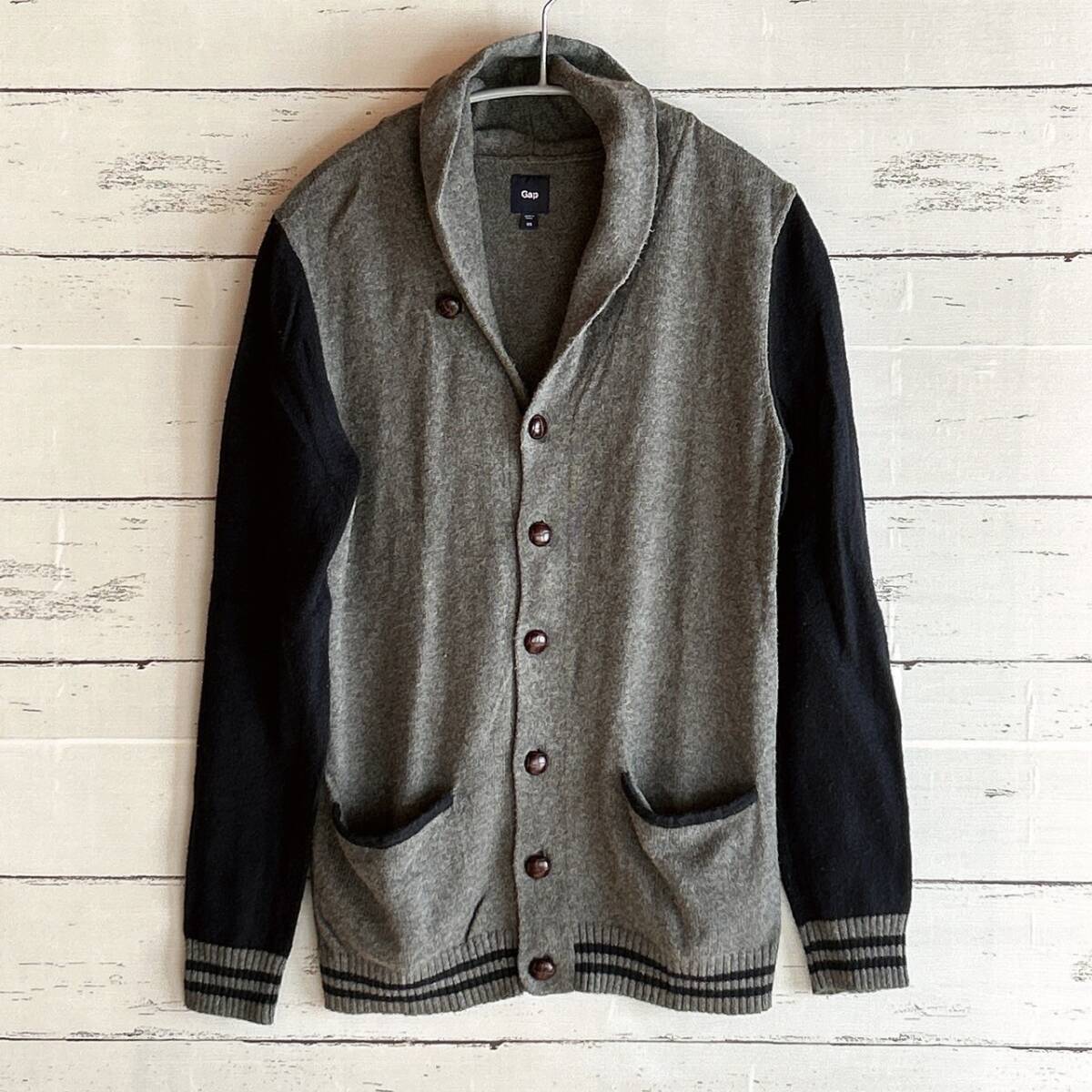 GAP ギャップ ニット カーディガン セーター 紺 グレー ショールカラー 襟 バーシティスリーブ Vネック 羽織物 XS Cardigan Gray Navy拍卖
