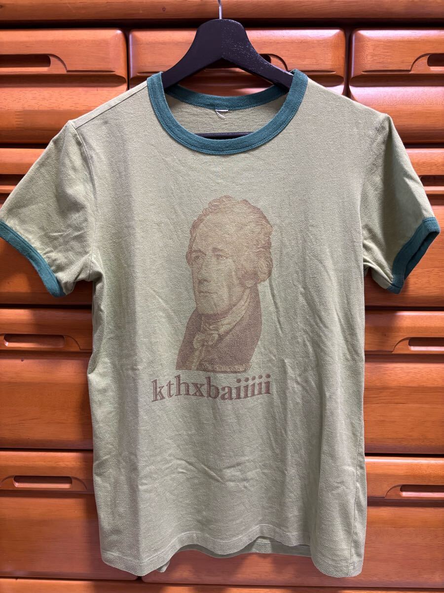 古着リンガーTシャツ 緑×黄緑 ビンテージ レディース プリント 半袖拍卖