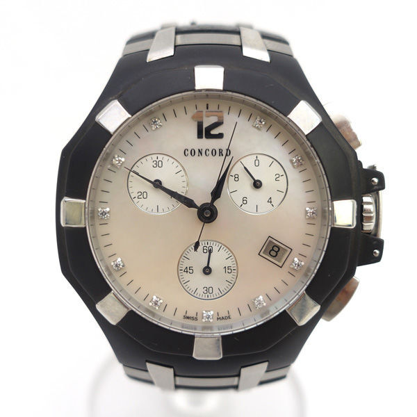 ★ Concord コンコルド サラトガ クロノグラフ シェル文字盤 11ポイント ダイヤ 腕時計 プッシュ式 稼働品 14.C5.1892.1 (0220526948)拍卖