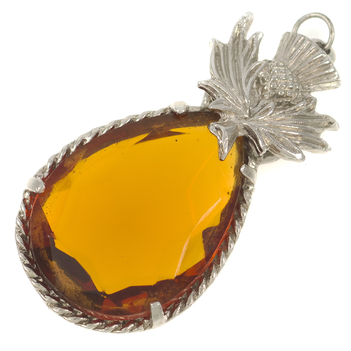 UK3827◆ アザミの花 フラワーモチーフ 大粒 アンバー系ガラスストーン 英国 ケルト イギリス ヴィンテージ ペンダントトップ ネックレスに拍卖