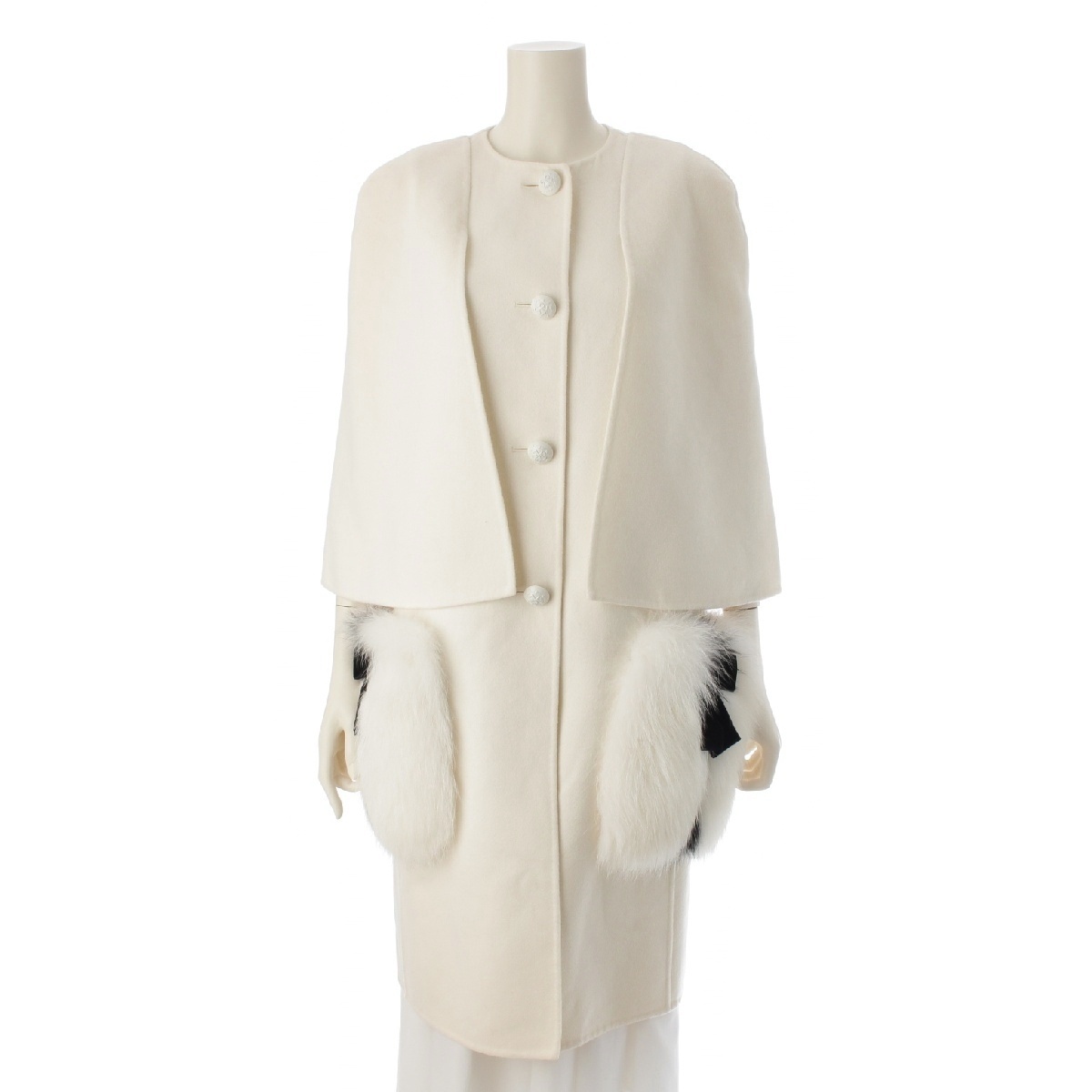 フェンディ ウール フォックスファー ノーカラー コート FF8522 W1D ホワイト ブラック 40【中古】拍卖