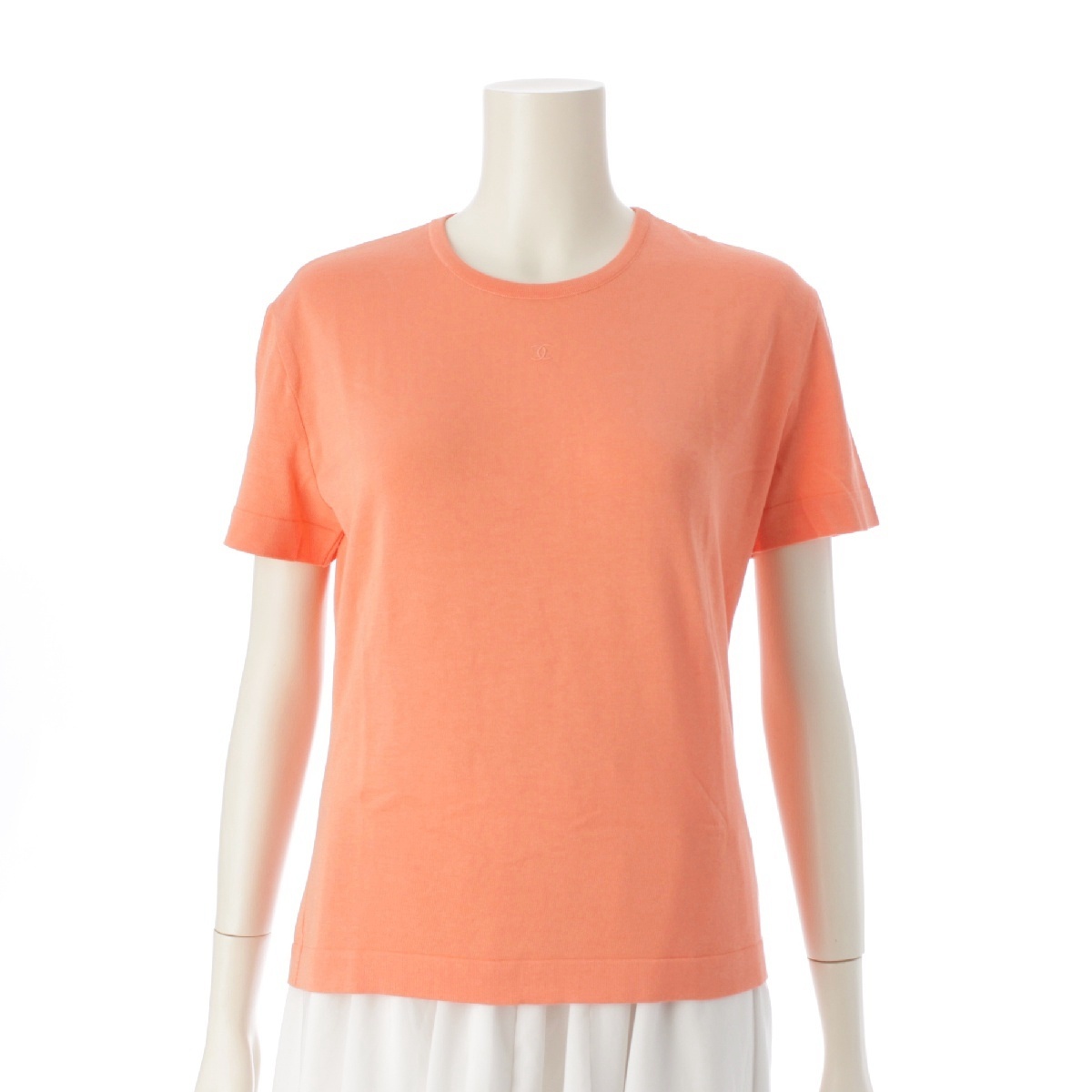 シャネル 97P コットン ココマーク ワンポイント刺 ニット 半袖Tシャツ P07156 サーモンオレンジ 42【中古】拍卖