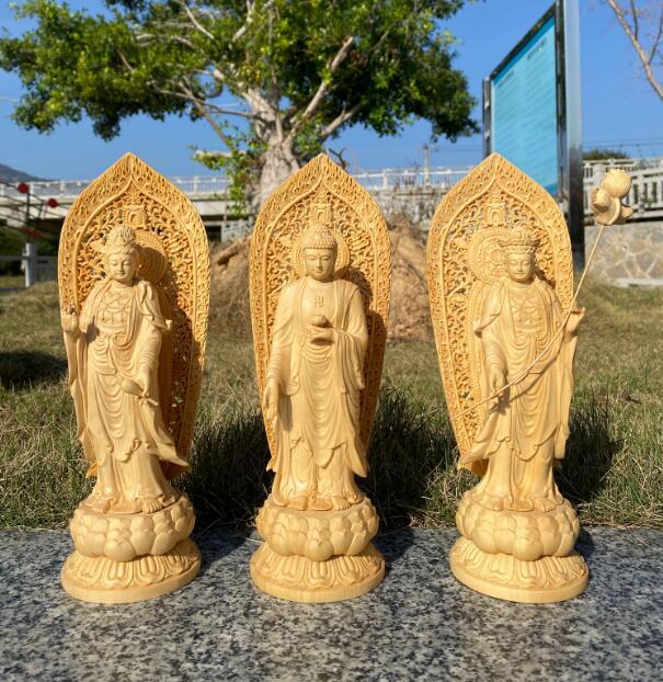 新作仏像 置物 阿弥陀三尊 西方三聖 木彫り置物【阿弥陀如来 観音菩薩 大勢至菩薩】木彫り仏像 彫刻仏像風水祈る福徳 福運 金拍卖