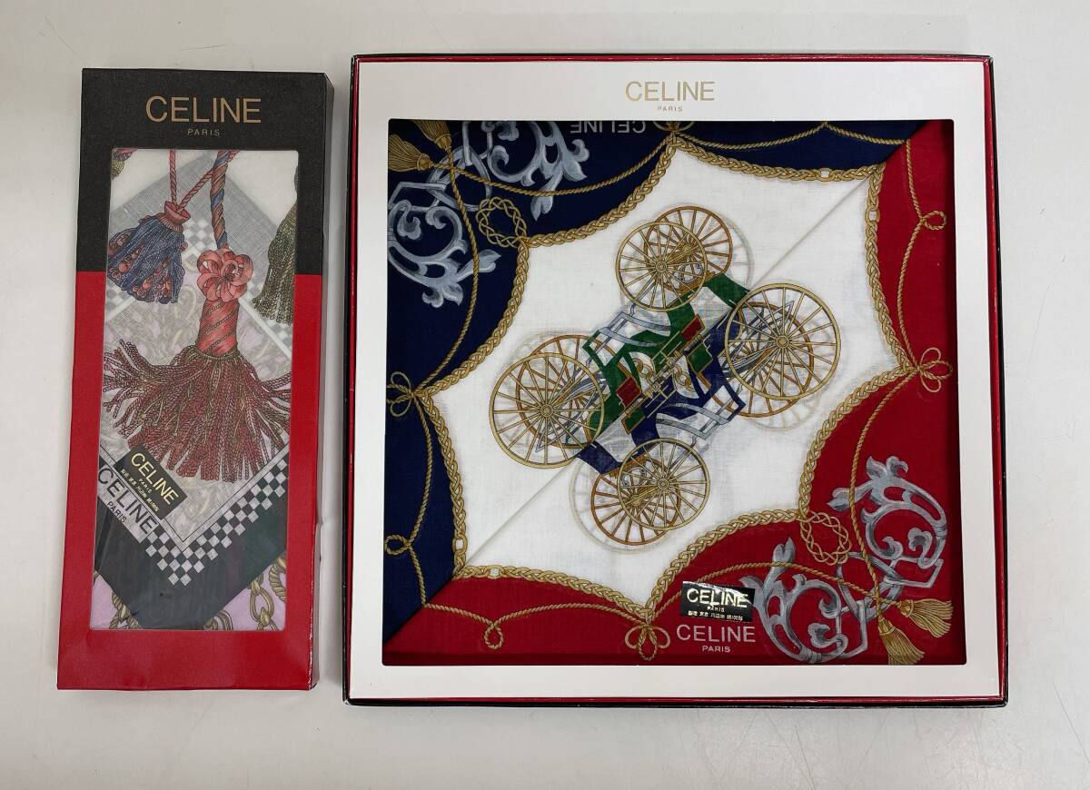 【CELINE セリーヌ ハンカチ まとめて☆】馬車柄 2枚/タッセル柄/上品なCELINEらしい柄☆/A76-419拍卖