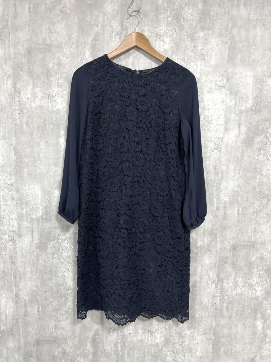 NATURAL BEAUTY BASIC ナチュラルビューティーベーシック 長袖 花柄 レース Iライン ワンピース sizeM/紺 ■◇ レディース拍卖