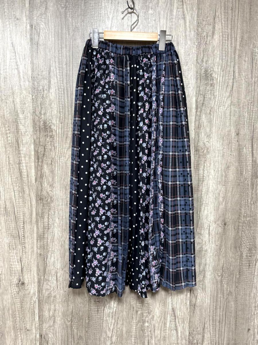 w closet ダブルクローゼット ドット 花柄 チェック ロング プリーツ スカート sizeF/黒×ネイビー ■◆ レディース拍卖