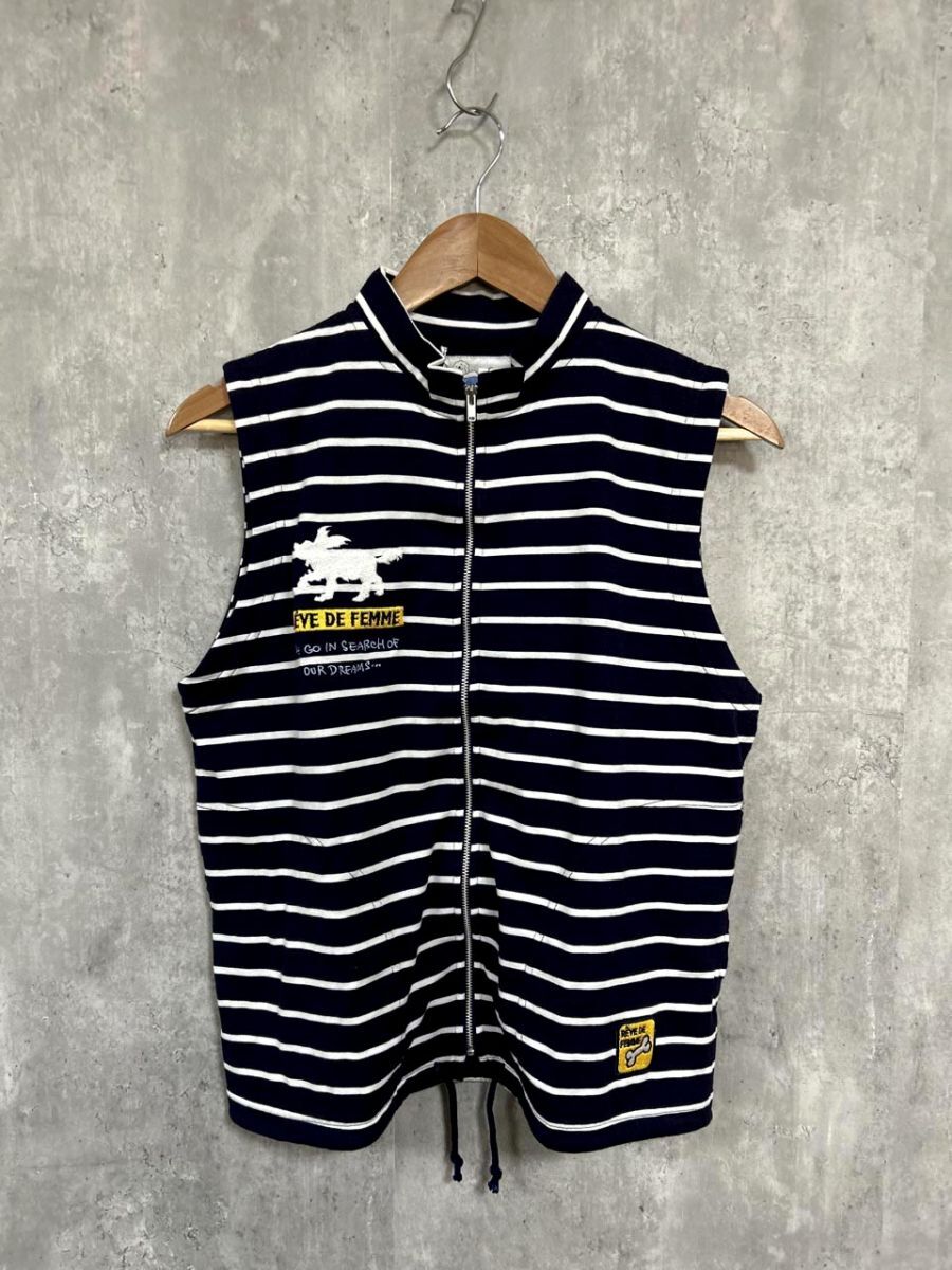 ネコポスOK REVE de FEMME レーヴドファーム ボーダー 刺繍ロゴ ジップアップ タンクトップ sizeM/白x紺 ■◆ レディース拍卖