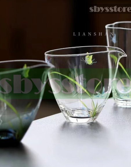 01 2025 新作 チョウ舞ラン花 ガラスシリーズ 手作り貼花 高硼珪 茶用 分茶器 公道杯 品茗杯拍卖