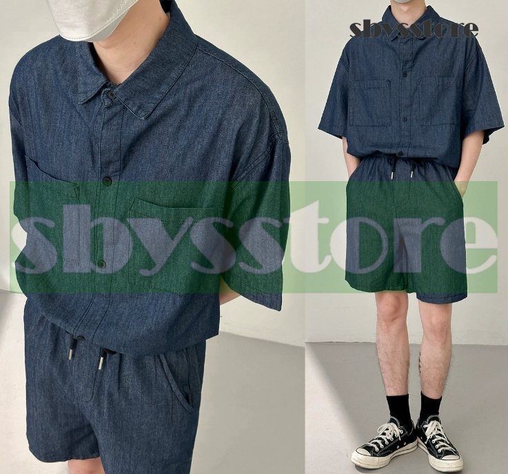 【夏用 薄手デニム上下セット|メンズ半袖シャツ+ハーフパンツ】ウォッシュ加工/カジュアル2点セット/M~XXLサイズ拍卖