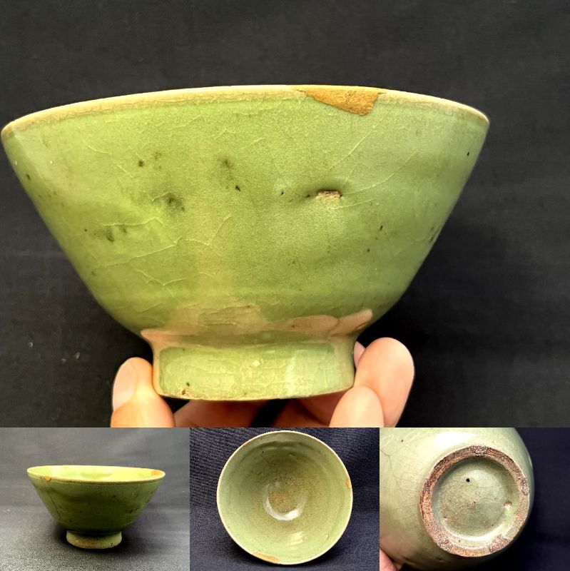 茶碗■朝鮮高麗期 高麗青磁古青磁 金継直し有 抹茶碗 古玩 唐物 酒器 中国 陶磁李朝 古美術 時代物 骨董品■ 拍卖