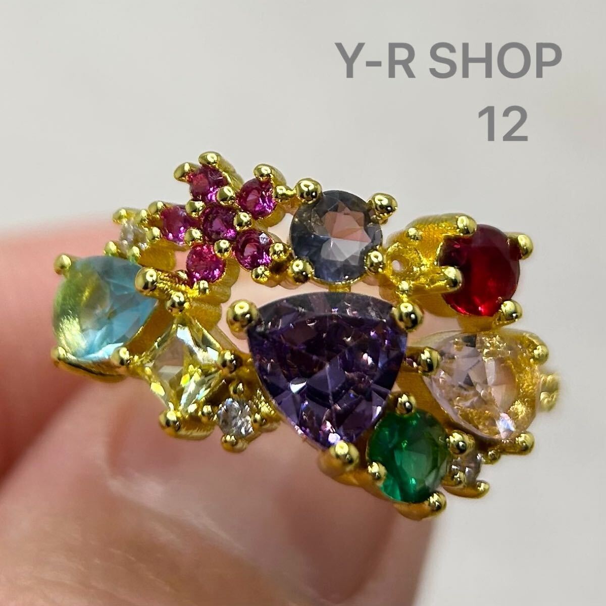 12号★マルチカラーストーンのゴージャスデザインリング★レディース指輪ゴールドアクセサリーキュービックジルコニア新品宝石Y-RSHOP卸売拍卖