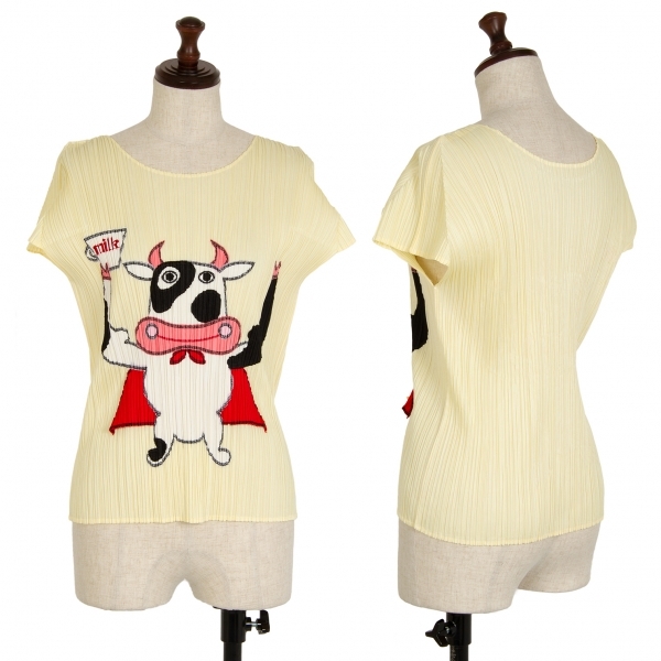 プリーツプリーズPLEATS PLEASE 牛パッチプリーツフレンチスリーブTシャツ クリームイエロー3拍卖