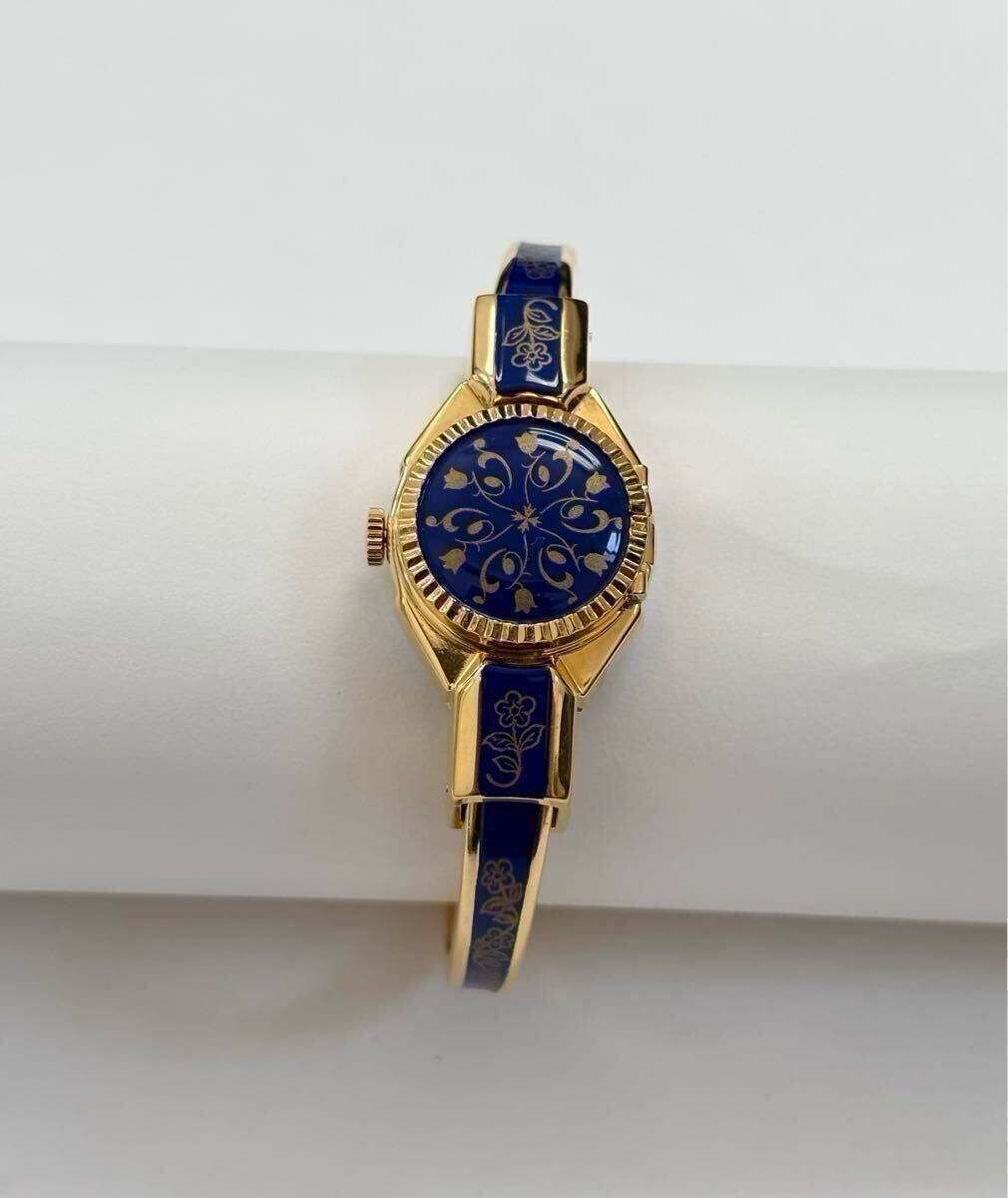 【美品】稼働品 アンドレムッシュ Andre Mouche バングル ウォッチ レディース 草花モチーフ 腕時計 ネイビー×ゴールド拍卖