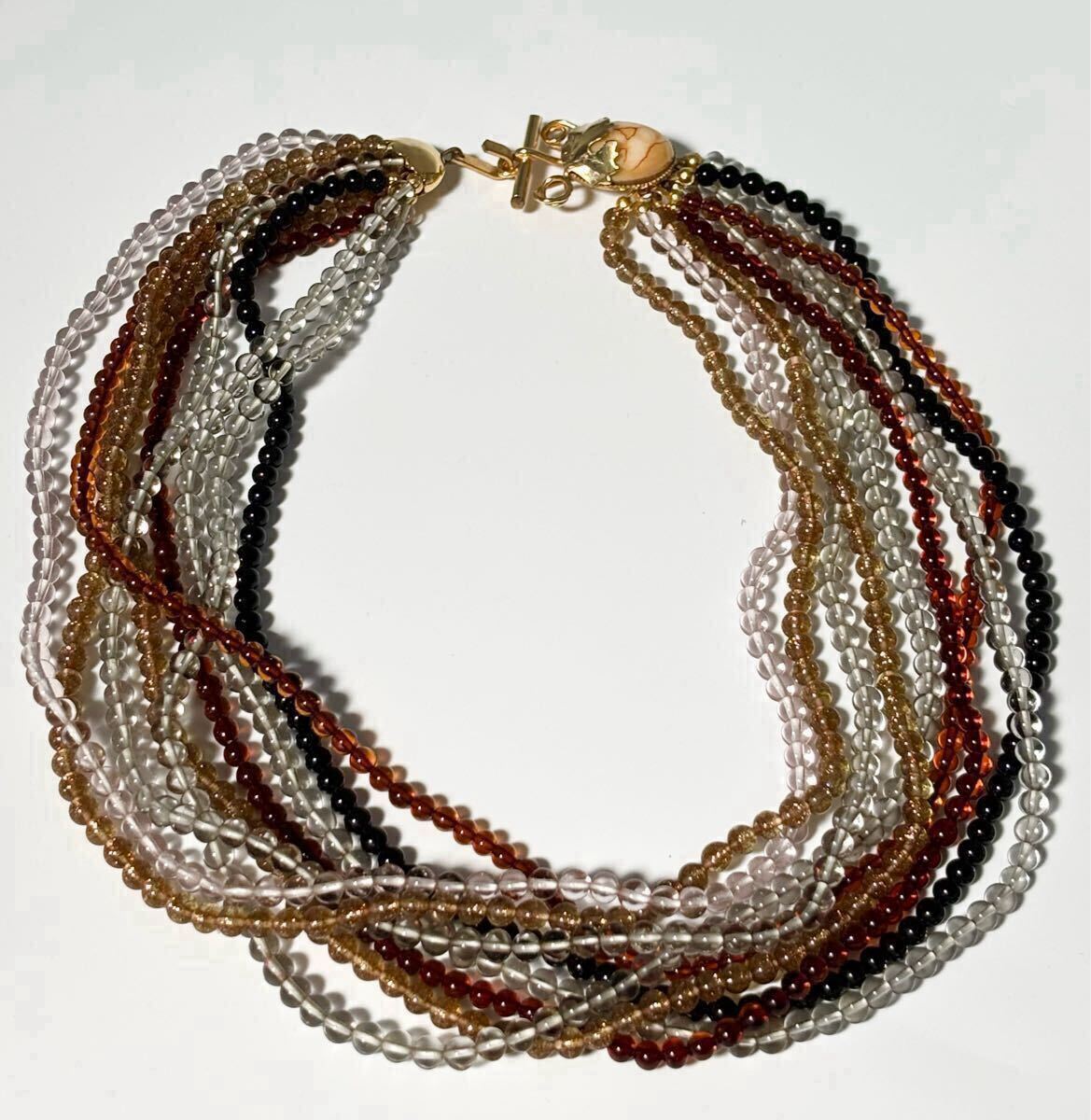 【USED】フランス購入 ヴィンテージ ヴェネチアンガラス ブラウン系 9連ネックレス ボリューミー マーブル コスチュームジュエリー拍卖