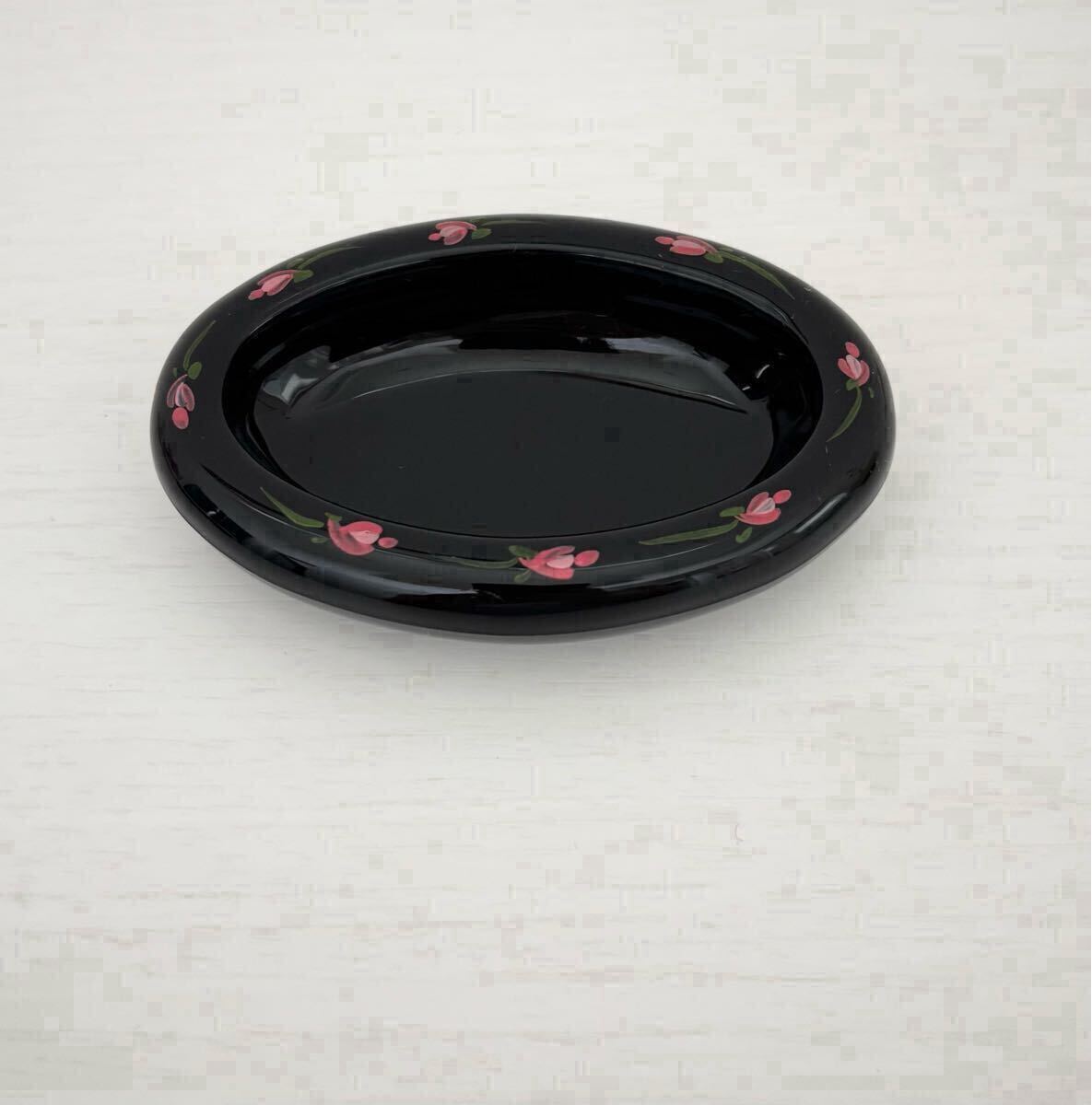 【美品】希少 お花模様 ムラノガラス MURANO 小物入 ヴェネチアン イタリア フラワー 黒 赤ガラス ソープディッシュ トレイ 皿 バラ ローズ拍卖