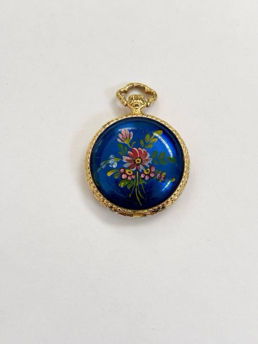 【不稼動品】希少 chandler チャンドラー ブルー メタリックエナメル 懐中時計 手描き 草花 時計 ゴールドトーン ロココ調 拍卖