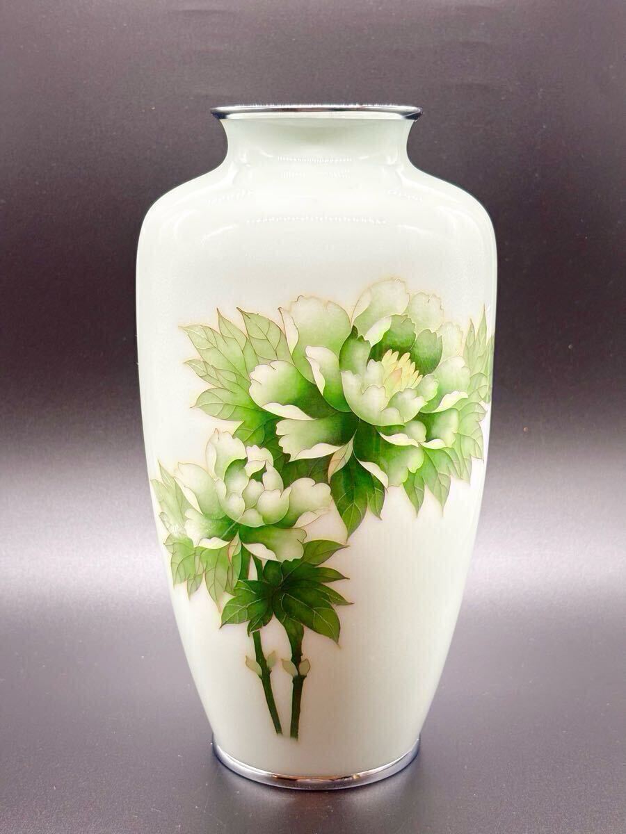 【美品】高級七宝 薄緑 牡丹模様 花瓶 花入 花器 花生 壺 壷 レトロ 骨董 グリーン拍卖