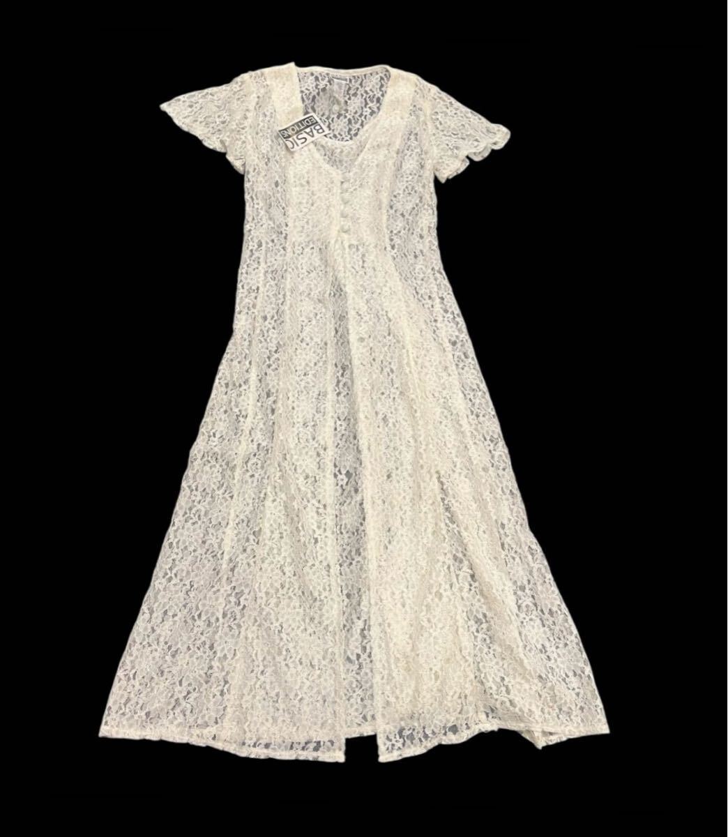 ビンテージ 80s 80年代 レース デッドストック ワンピース タグ付き レースアップ 白 総レース 古着 拍卖