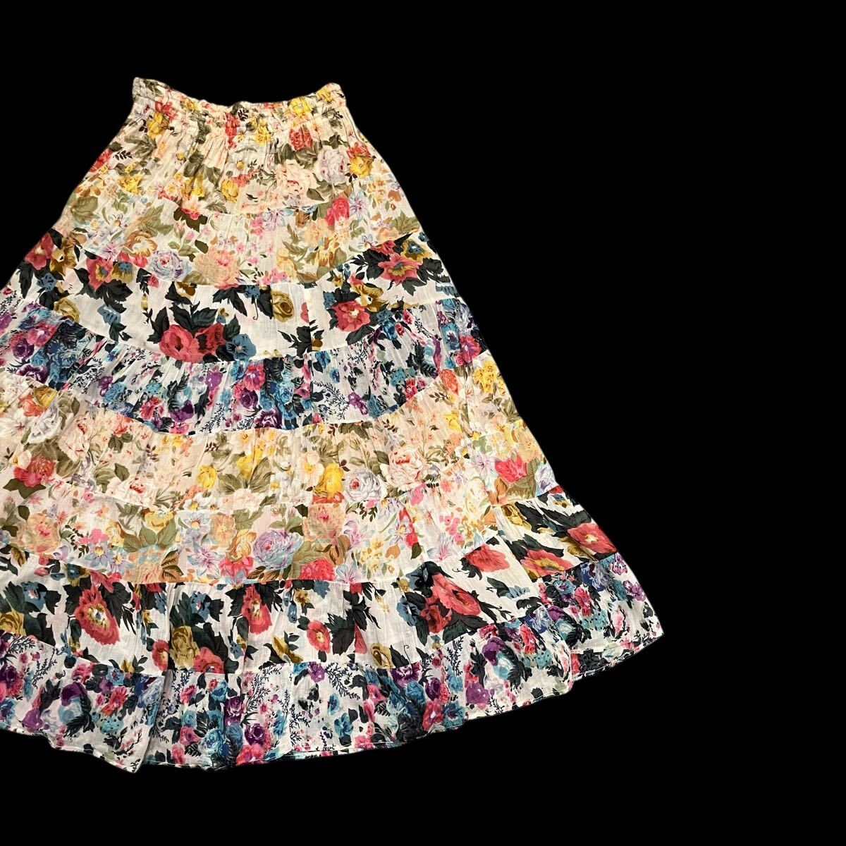 ビンテージ 80s インド綿 花柄 パッチワーク スカート 80年代 ティアード 古着 ボタニカル ヒッピー 拍卖