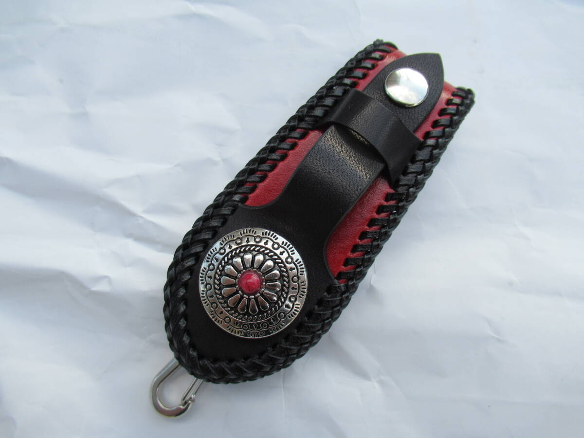 栃木レザー製 サドルレザー赤&黒 キャップホルダー付ベルトキーホルダー ハーレー アメリカン バイク拍卖