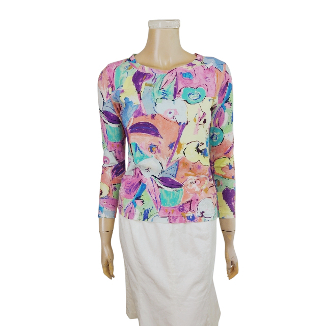 美品★ツモリチサト*TSUMORI CHISATO*カラフル*手書き風アート柄*ストレッチ*7部袖*しっとりカットソー*Mサイズ.9号.38拍卖