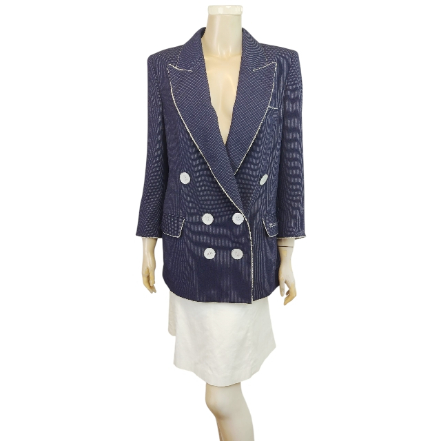 新品同様★伊太利屋*イタリヤ*紺系*清涼感素材*ピンストライプ*ロゴ入りクリアボタン*リボントリム*ダブルジャケット*11号.Lサイズ.40拍卖