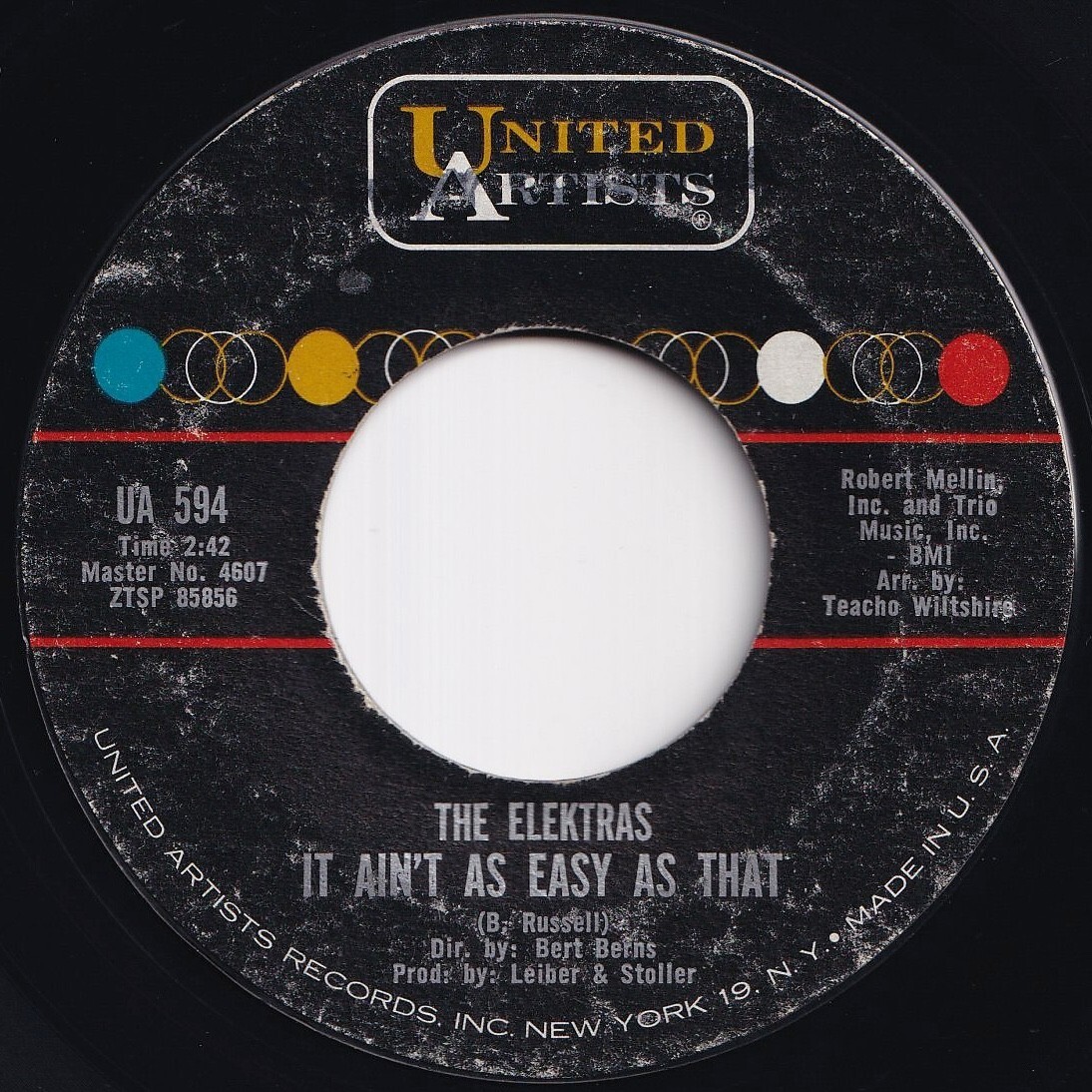 Elektras It Ain't Easy As That / All I Want To Do Is Run United Artists US UA 594 211674 R&B R&R レコード 7インチ 45拍卖