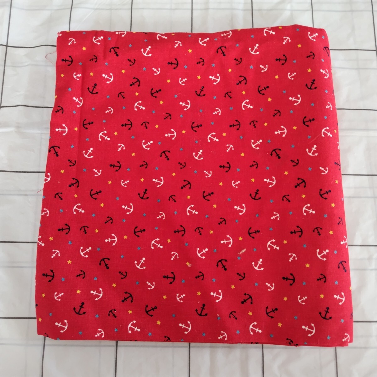 はぎれ 綿麻生地 イカリ柄 赤 110×100拍卖