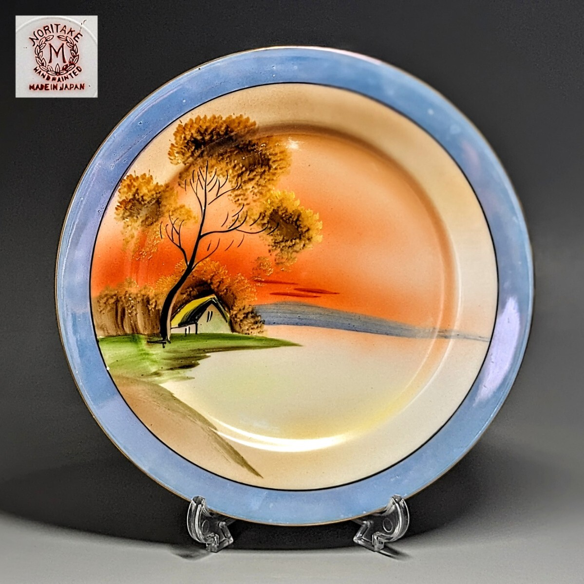 オールドノリタケ 金彩夕暮湖畔風景図案 ラスター彩皿 プレート18.2センチ拍卖