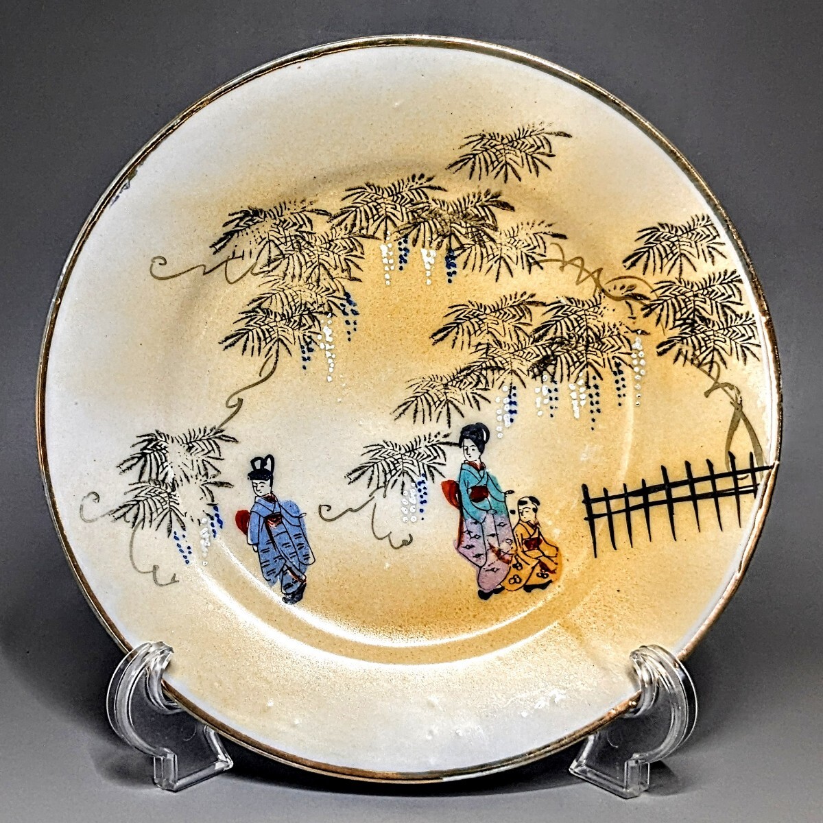 輸出陶磁器 オールドニッポン 金彩白釉盛上装飾色絵江戸風景紋様図 皿 プレート 19㎝拍卖