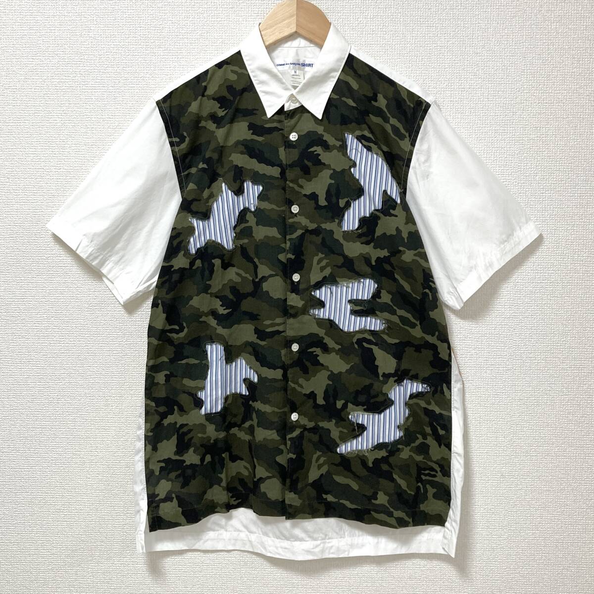 2016SS COMME des GARCONS SHIRT カモフラ ストライプ パッチワーク 半袖 シャツ 白 Mサイズ コムデギャルソンシャツ 迷彩 archive 5060046拍卖